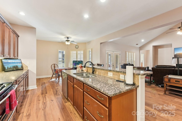 kitchen with light hardwood / wood-style floors, stainless steel appliances, stone countertops, and sink