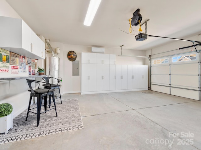 garage with electric panel, water heater, a wall mounted AC, and a garage door opener