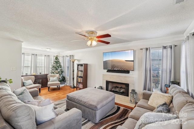 living room featuring light hardwood / wood-style floors, crown molding, and a wealth of natural light