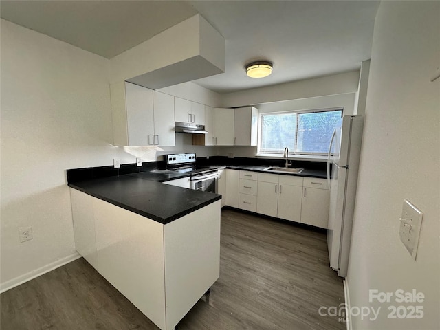 kitchen featuring sink, white refrigerator, kitchen peninsula, electric stove, and white cabinets