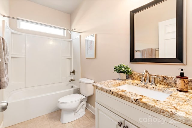 full bathroom featuring toilet, tile patterned floors,  shower combination, and vanity