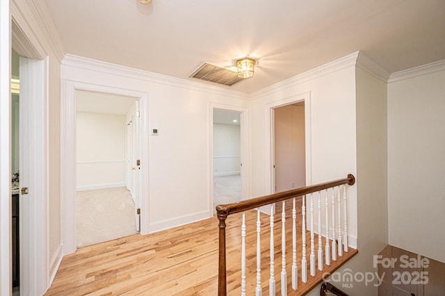 hallway with crown molding and light hardwood / wood-style flooring