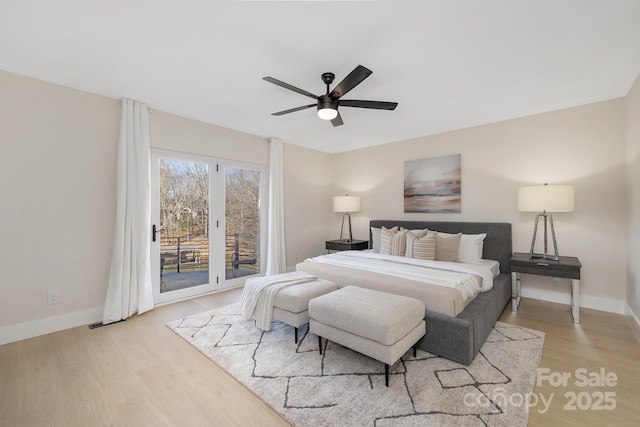 bedroom with ceiling fan, light hardwood / wood-style flooring, and access to exterior