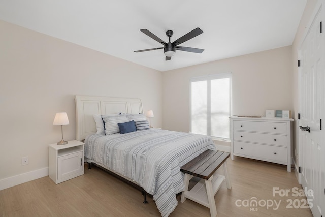 bedroom featuring ceiling fan and light wood-type flooring