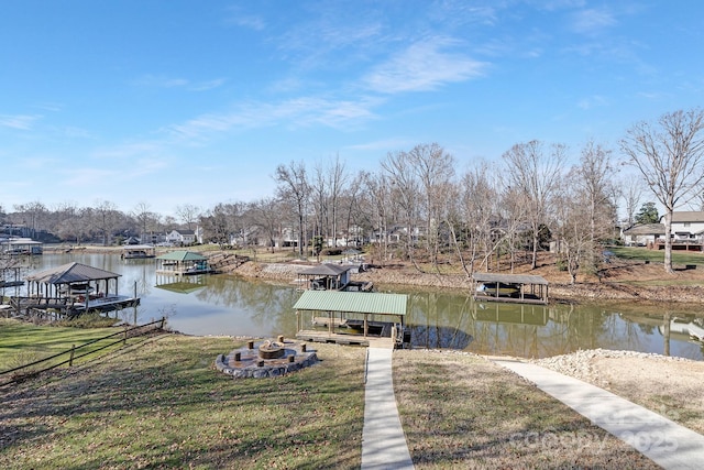 dock area with a fire pit and a water view