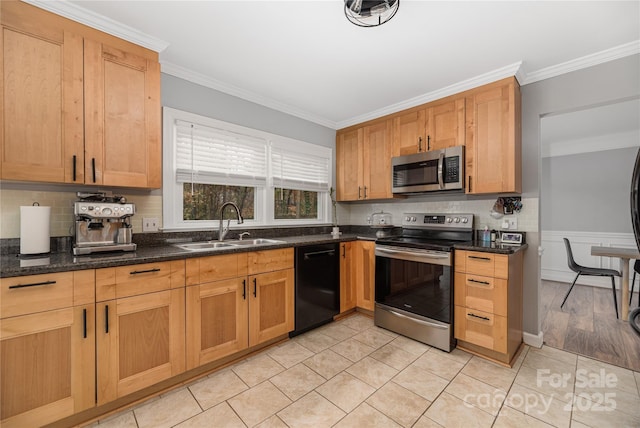 kitchen with crown molding, sink, decorative backsplash, light tile patterned flooring, and stainless steel appliances