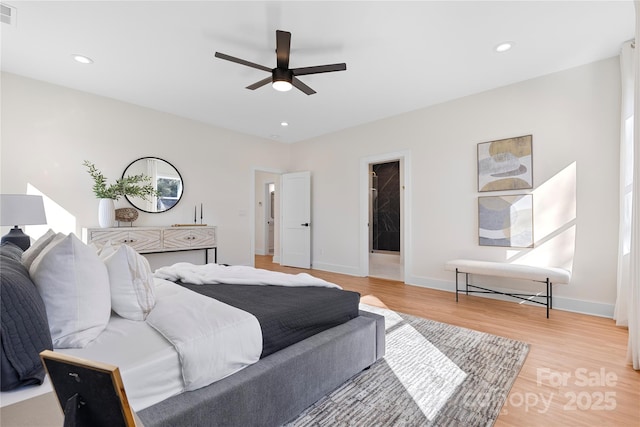 bedroom with visible vents, baseboards, light wood-style flooring, recessed lighting, and ceiling fan