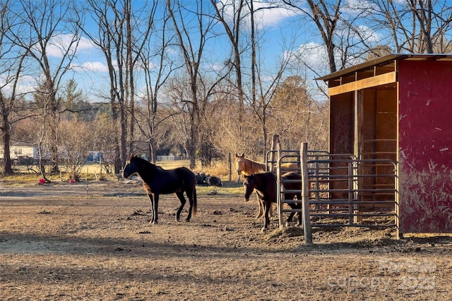 view of yard with a rural view, an outbuilding, and an exterior structure