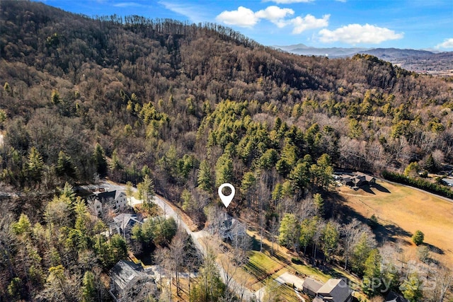 birds eye view of property with a mountain view and a forest view