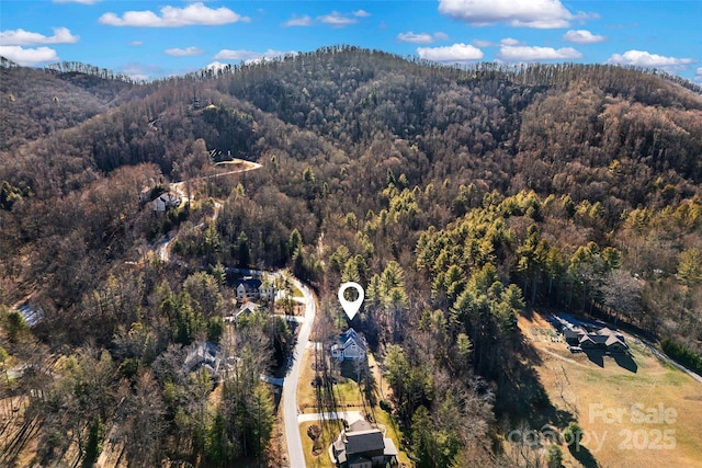 bird's eye view featuring a forest view and a mountain view