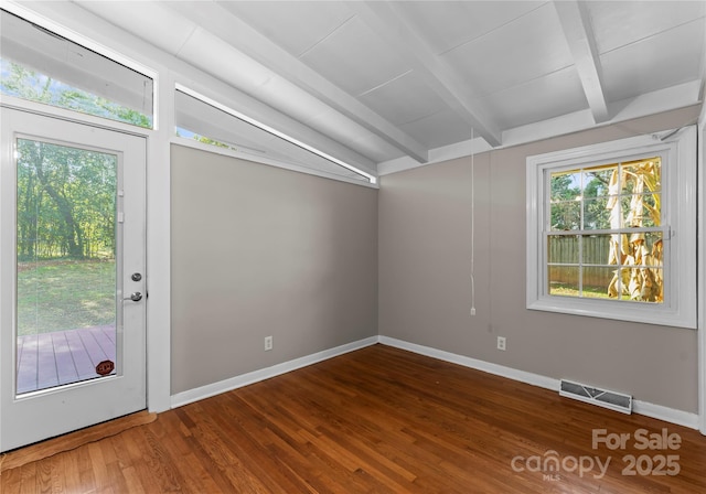 interior space featuring hardwood / wood-style floors, lofted ceiling with beams, and plenty of natural light