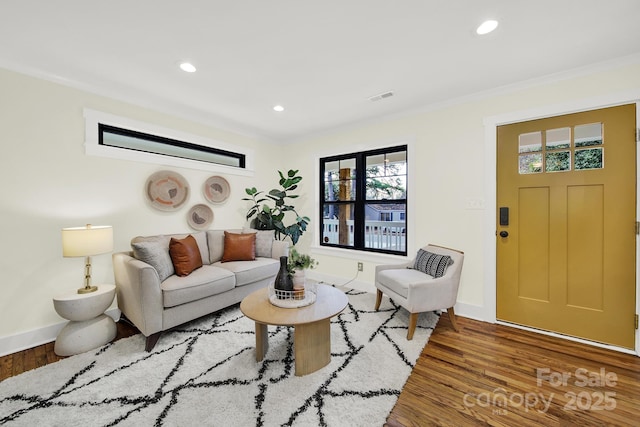 living room featuring crown molding and dark wood-type flooring