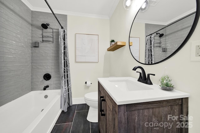 full bathroom with ornamental molding, toilet, shower / bath combo with shower curtain, and vanity