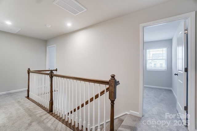 staircase featuring carpet flooring