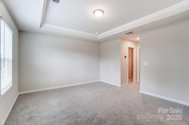 carpeted empty room with a raised ceiling and ornamental molding