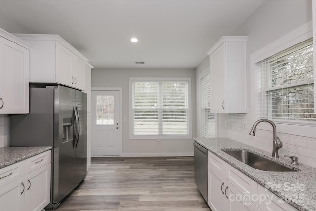 kitchen featuring light stone counters, backsplash, white cabinetry, appliances with stainless steel finishes, and sink