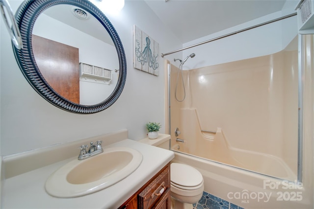 full bathroom featuring vanity, bathtub / shower combination, and toilet