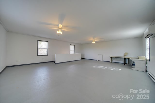 empty room with ceiling fan and ornamental molding