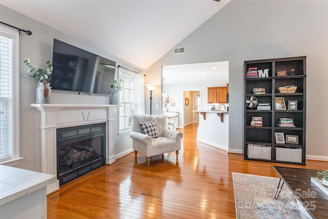 living room featuring light hardwood / wood-style flooring and lofted ceiling