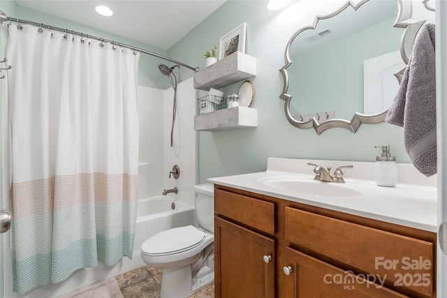 full bathroom with vanity, toilet, and shower / bathtub combination with curtain