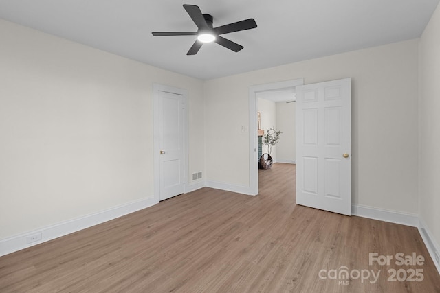 unfurnished room featuring ceiling fan and light hardwood / wood-style flooring