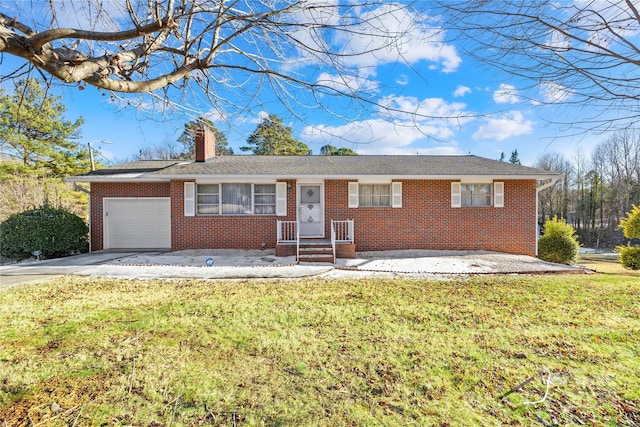 single story home with a front yard and a garage