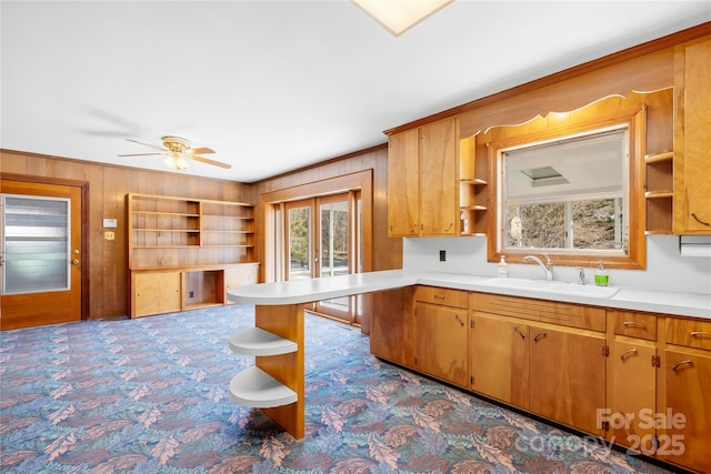 kitchen featuring sink, ceiling fan, ornamental molding, and wood walls