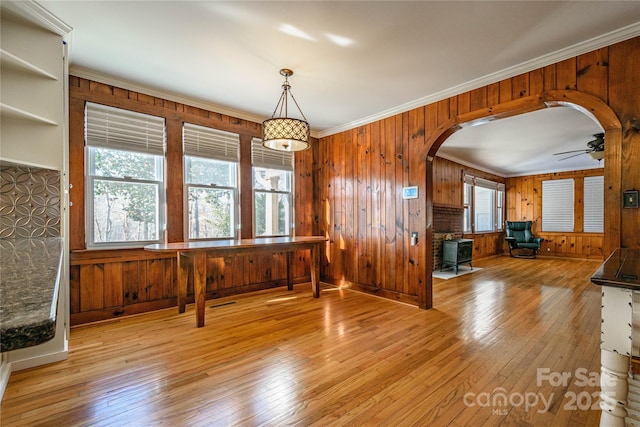 unfurnished dining area with ornamental molding, ceiling fan, light hardwood / wood-style flooring, and a wood stove