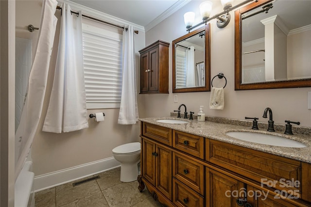 bathroom with ornamental molding, tile patterned flooring, vanity, and toilet