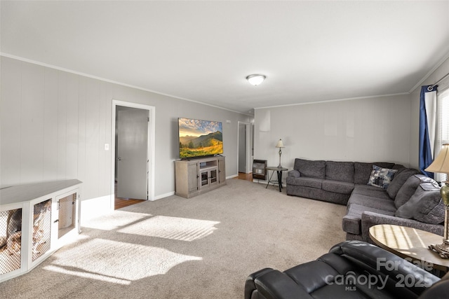 carpeted living room with ornamental molding