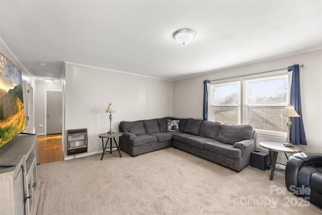 carpeted living room with ornamental molding and heating unit