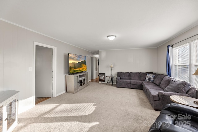 living room featuring light carpet and ornamental molding