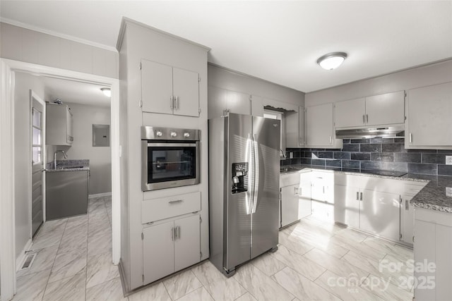 kitchen with electric panel, stainless steel appliances, crown molding, and sink