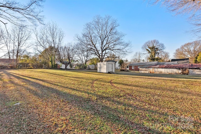 view of yard featuring a storage shed