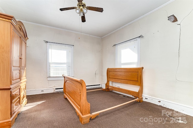 unfurnished bedroom with ceiling fan, ornamental molding, multiple windows, and dark colored carpet