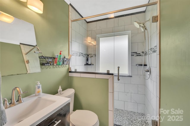 full bathroom with vanity, toilet, and a shower stall