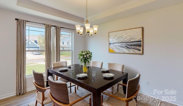 dining room featuring ornamental molding, a raised ceiling, hardwood / wood-style floors, and a notable chandelier