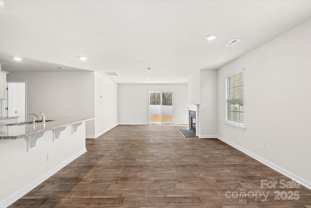 unfurnished living room with dark wood-type flooring and sink