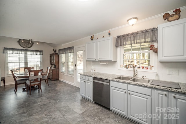 kitchen featuring dishwasher, white cabinetry, sink, backsplash, and light stone counters