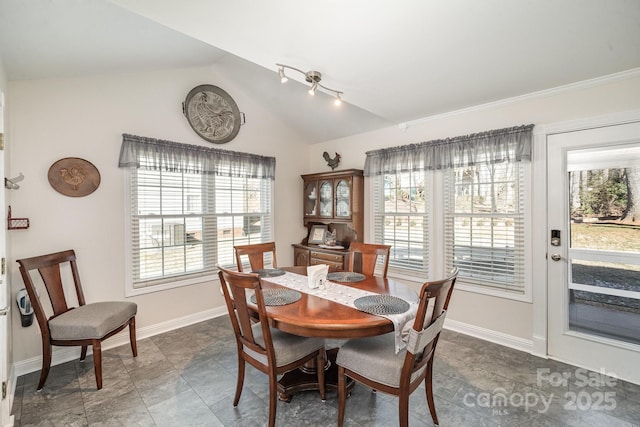 dining area with vaulted ceiling and plenty of natural light