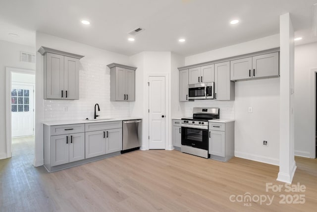 kitchen featuring backsplash, sink, light hardwood / wood-style flooring, gray cabinets, and appliances with stainless steel finishes