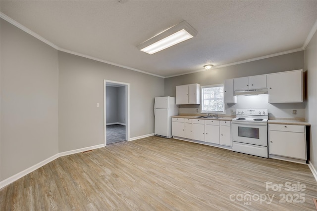 kitchen with white cabinets, white appliances, a textured ceiling, and ornamental molding