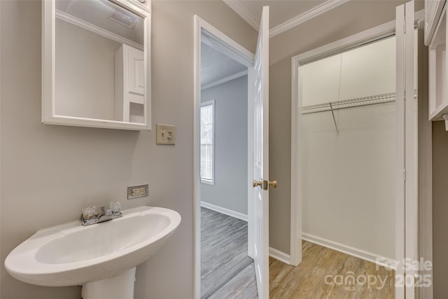 bathroom with hardwood / wood-style flooring, sink, and ornamental molding