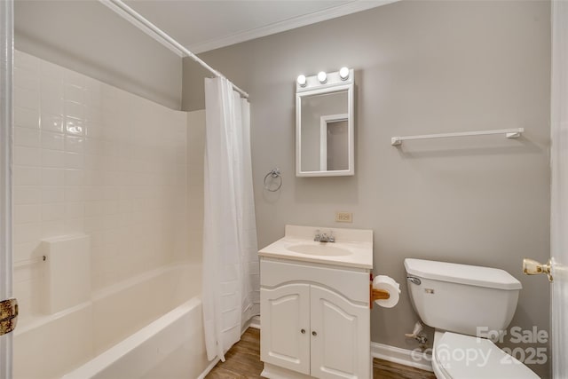 full bathroom with toilet, vanity, wood-type flooring, ornamental molding, and shower / tub combo with curtain