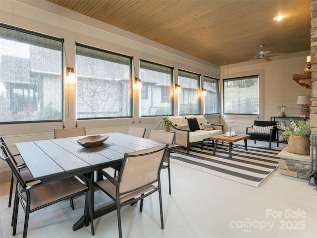 sunroom with wooden ceiling and ceiling fan