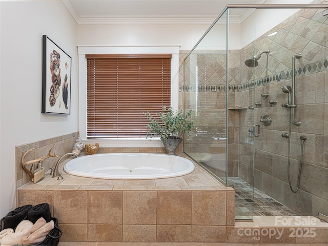 bathroom featuring separate shower and tub and crown molding