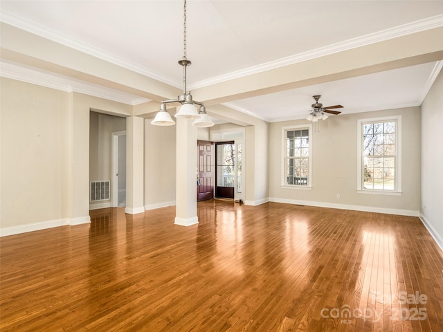 unfurnished living room with crown molding, hardwood / wood-style floors, and ceiling fan