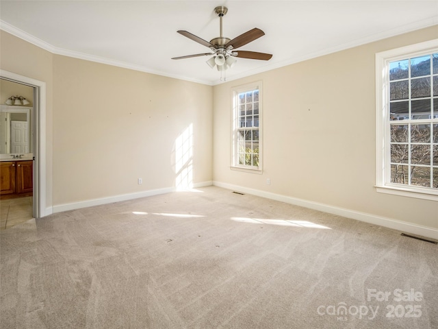 carpeted spare room with ceiling fan and ornamental molding