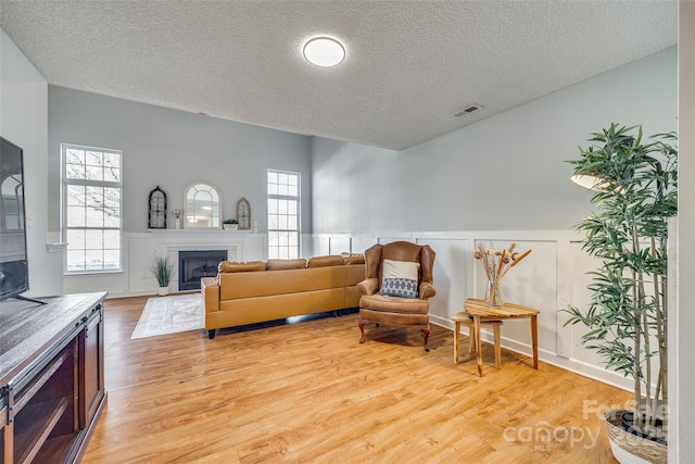 living room featuring a textured ceiling and light hardwood / wood-style flooring