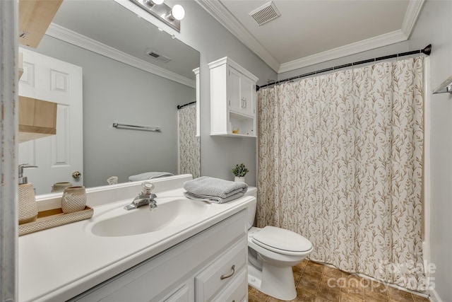 bathroom with toilet, vanity, curtained shower, and crown molding